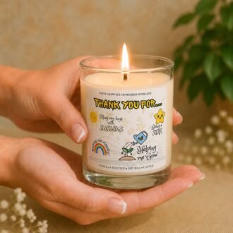 MysticGlow handmade Thank You Teacher soy wax candle held gently in hands with a glowing flame, featuring cheerful sunshine, rainbow and star illustrations with messages of gratitude. A lovely end of term or teacher appreciation gift.