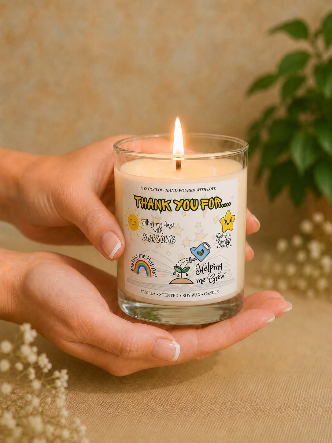 MysticGlow handmade Thank You Teacher soy wax candle held gently in hands with a glowing flame, featuring cheerful sunshine, rainbow and star illustrations with messages of gratitude. A lovely end of term or teacher appreciation gift.