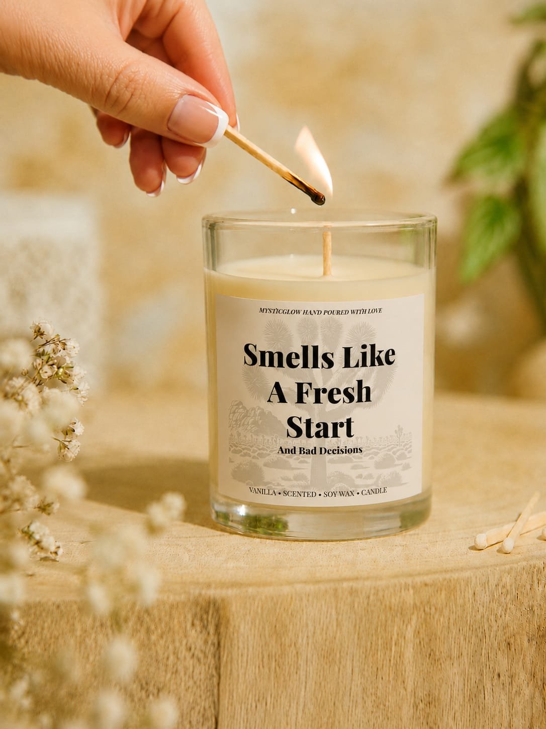 MysticGlow funny sarcastic candle featuring the Smells Like a Fresh Start and Bad Decisions quote, handmade soy wax in a clear glass jar being lit with a match.