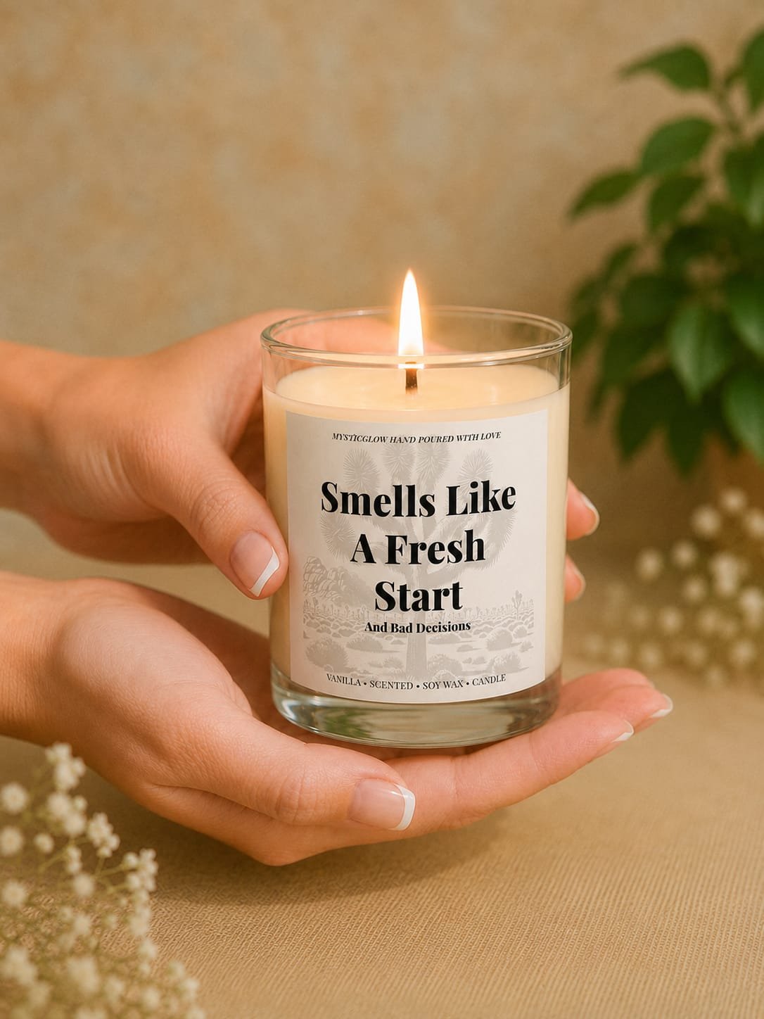 MysticGlow Smells Like a Fresh Start and Bad Decisions handmade soy wax candle in a 200ml glass jar, burning while held in hands, with a funny sarcastic quote label.