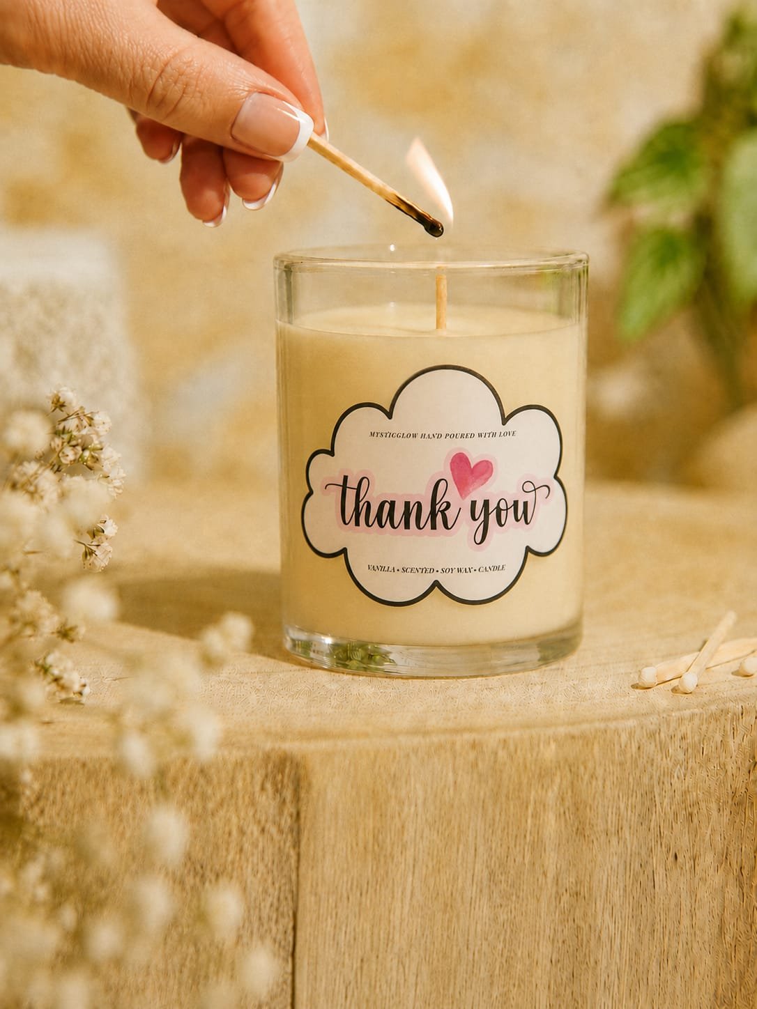 MysticGlow handmade Thank You scented soy wax candle being lit with a match, featuring a delicate pink heart and elegant thank you lettering on a white cloud-shaped label. A lovely gratitude gift for friends, teachers and loved ones.