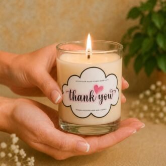 MysticGlow handmade soy wax Thank You candle in a clear glass jar, held gently in hands with a glowing flame, featuring an elegant white cloud-shaped label, pink heart and handwritten thank you message. A thoughtful appreciation gift.