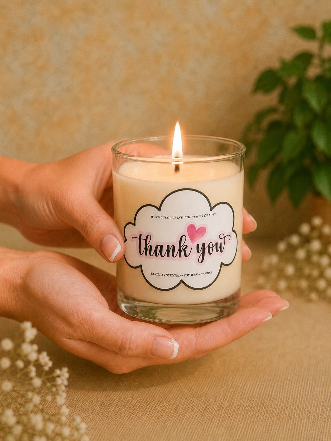 MysticGlow handmade soy wax Thank You candle in a clear glass jar, held gently in hands with a glowing flame, featuring an elegant white cloud-shaped label, pink heart and handwritten thank you message. A thoughtful appreciation gift.