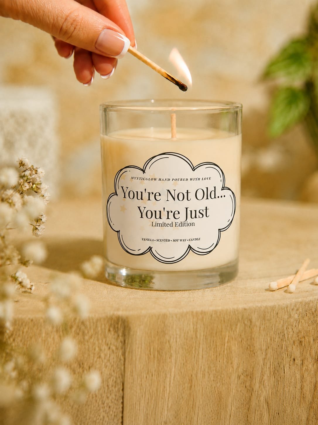 MysticGlow funny birthday candle in a 200ml glass jar featuring the You're Not Old You're Just Limited Edition message, being lit with a match.