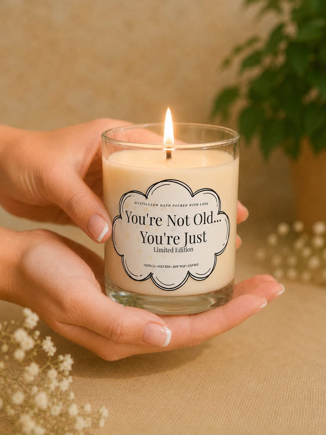 MysticGlow handmade soy wax funny birthday candle with You're Not Old You're Just Limited Edition label, burning while held in hands.
