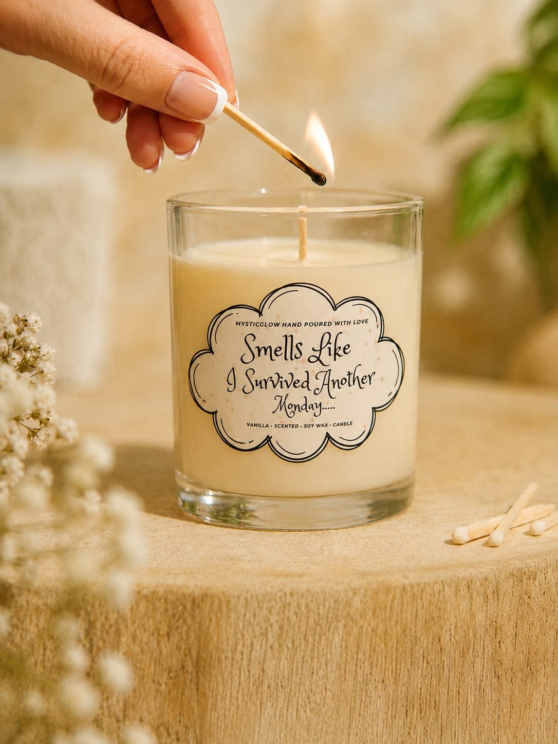 MysticGlow funny Monday survival candle with decorative vintage-style label reading Smells Like I Survived Another Monday, handmade soy wax candle in a glass jar.