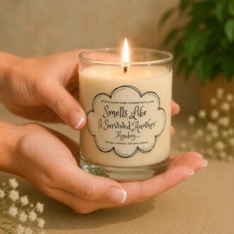 MysticGlow Smells Like I Survived Another Monday handmade soy wax candle in a 200ml clear glass jar, burning while held in hands, featuring a funny sarcastic Monday quote.