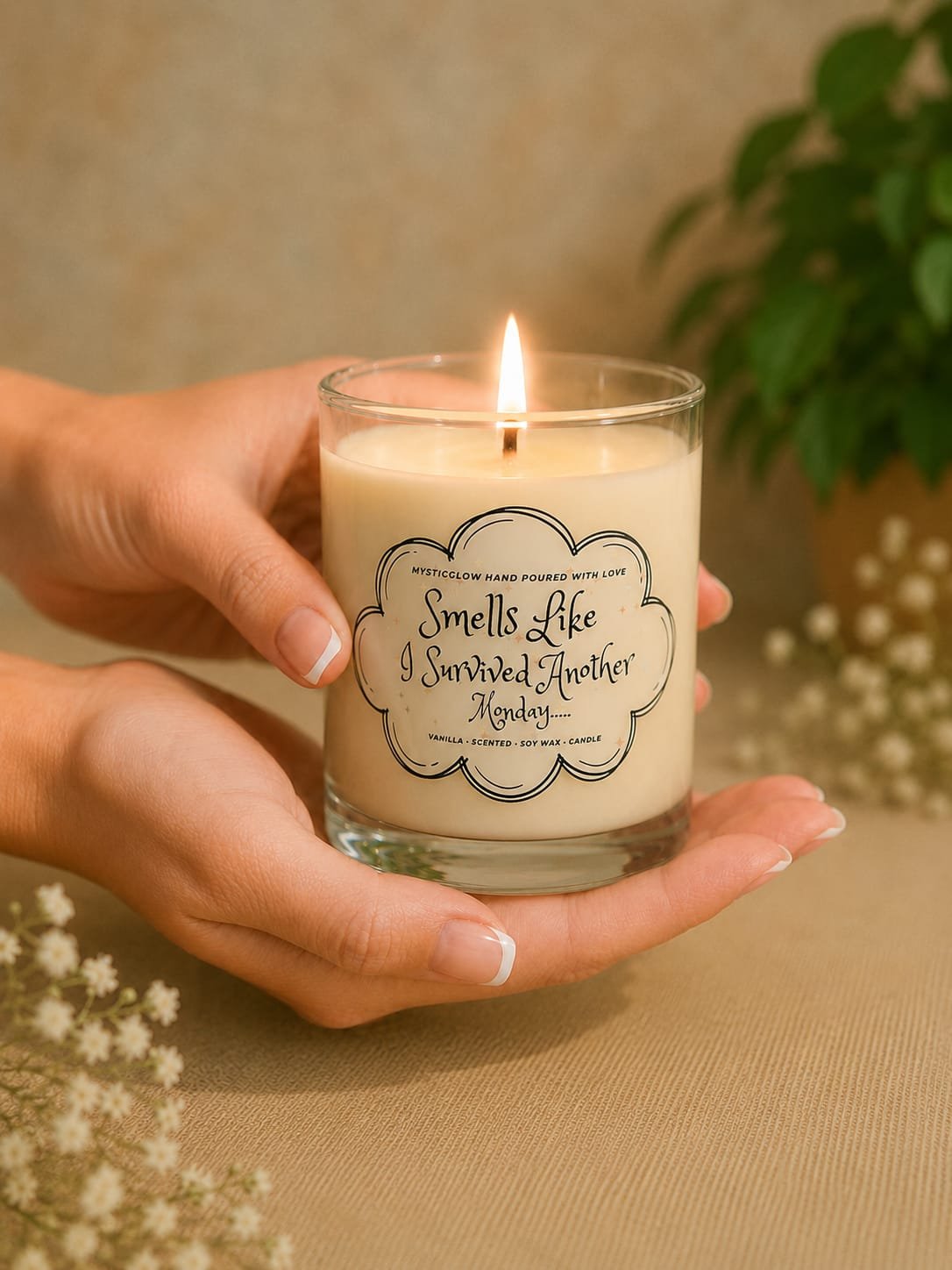 MysticGlow Smells Like I Survived Another Monday handmade soy wax candle in a 200ml clear glass jar, burning while held in hands, featuring a funny sarcastic Monday quote.