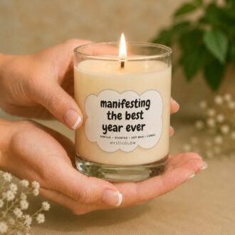 MysticGlow handmade soy wax positive affirmation candle featuring Manifesting the Best Year Ever message, burning while held in hands as a motivational gift.