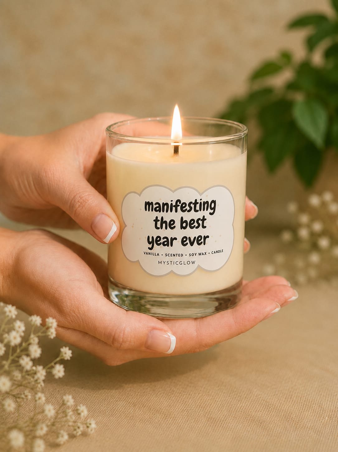MysticGlow handmade soy wax positive affirmation candle featuring Manifesting the Best Year Ever message, burning while held in hands as a motivational gift.