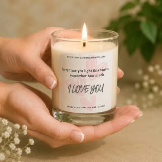 MysticGlow handmade soy wax romantic gift candle featuring Every Time You Light This Candle Remember How Much I Love You message, burning while held in hands.
