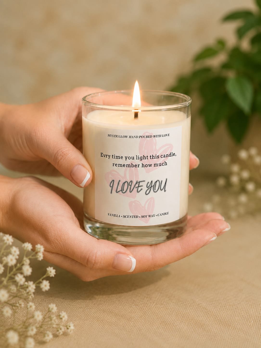 MysticGlow handmade soy wax romantic gift candle featuring Every Time You Light This Candle Remember How Much I Love You message, burning while held in hands.