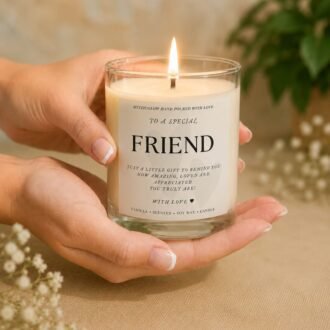MysticGlow handmade soy wax friendship candle held gently in hands with a glowing flame, featuring a heartfelt “To a Special Friend” message. A meaningful thank you, birthday or best friend gift.