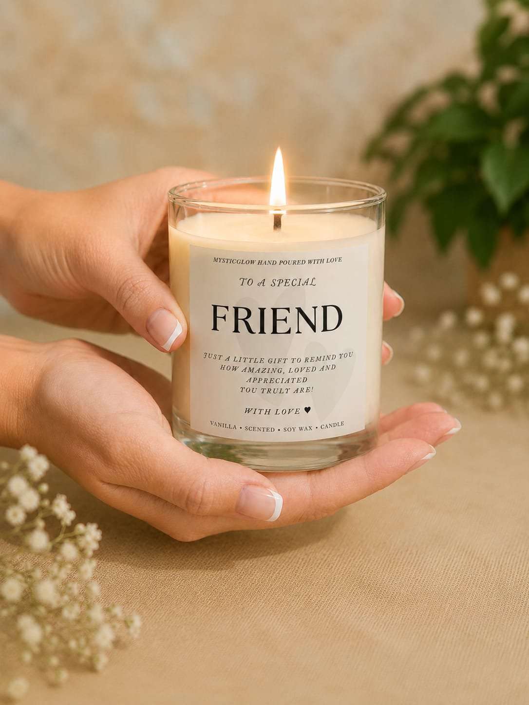 MysticGlow handmade soy wax friendship candle held gently in hands with a glowing flame, featuring a heartfelt “To a Special Friend” message. A meaningful thank you, birthday or best friend gift.