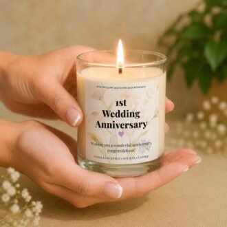 MysticGlow handmade soy wax first wedding anniversary candle with delicate floral design and purple heart, burning while held in hands as a romantic gift for couples.