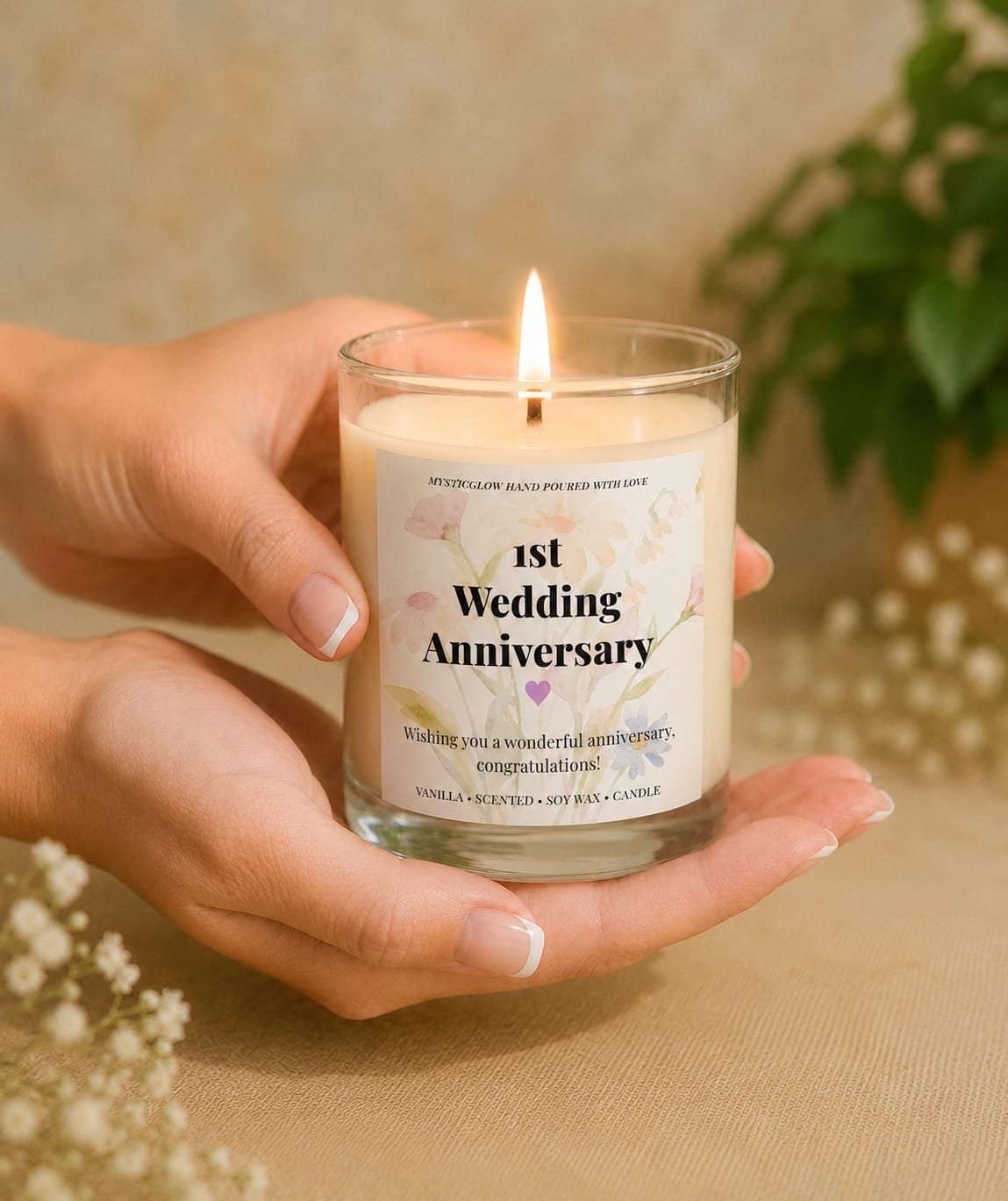 MysticGlow handmade soy wax first wedding anniversary candle with delicate floral design and purple heart, burning while held in hands as a romantic gift for couples.