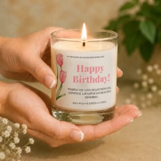 MysticGlow handmade soy wax Happy Birthday candle in a clear glass jar, held gently in hands with a glowing flame, featuring an elegant pink tulip design and heartfelt birthday wishes. A thoughtful birthday gift.