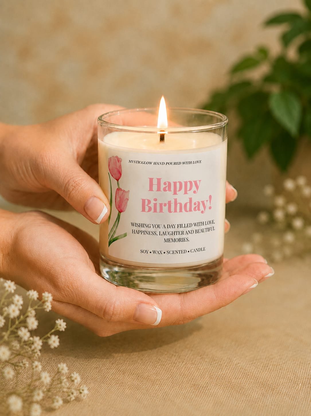 MysticGlow handmade soy wax Happy Birthday candle in a clear glass jar, held gently in hands with a glowing flame, featuring an elegant pink tulip design and heartfelt birthday wishes. A thoughtful birthday gift.