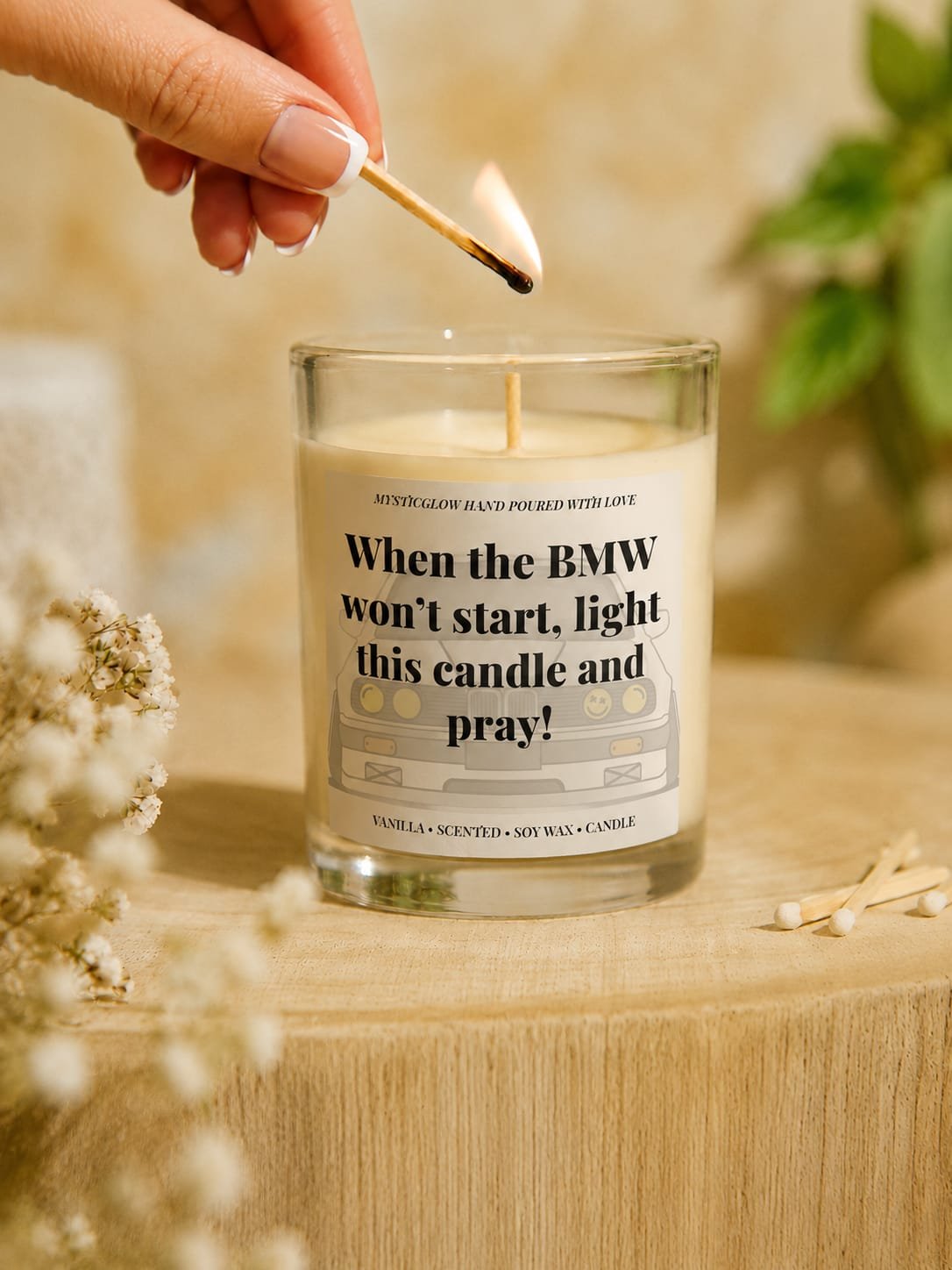 MysticGlow handmade vanilla scented soy wax candle in a clear glass jar, being lit with a match, featuring the funny quote “When the BMW won’t start, light this candle and pray!” A humorous gift for BMW owners and car enthusiasts.